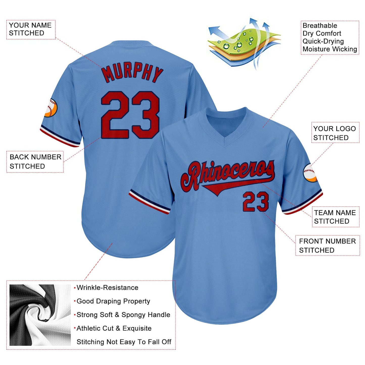 Custom Light Blue Red-Navy Authentic Throwback Rib-Knit Baseball Jersey Shirt view 4