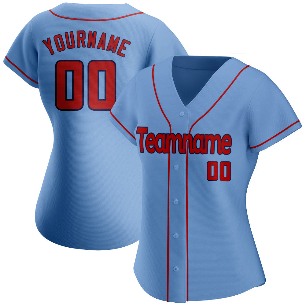 Custom Light Blue Red-Navy Authentic Baseball Jersey view 2