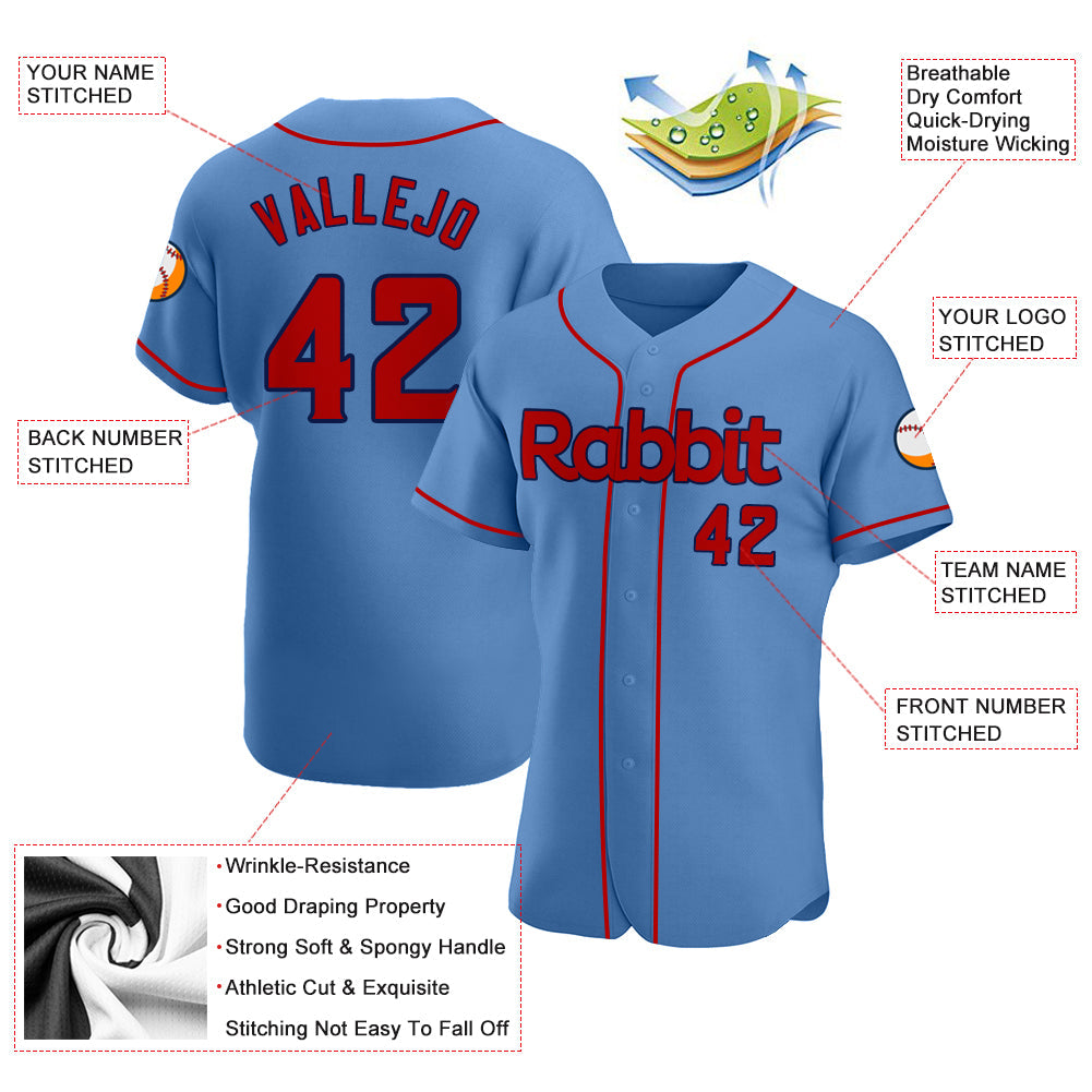Custom Light Blue Red-Navy Authentic Baseball Jersey view 3