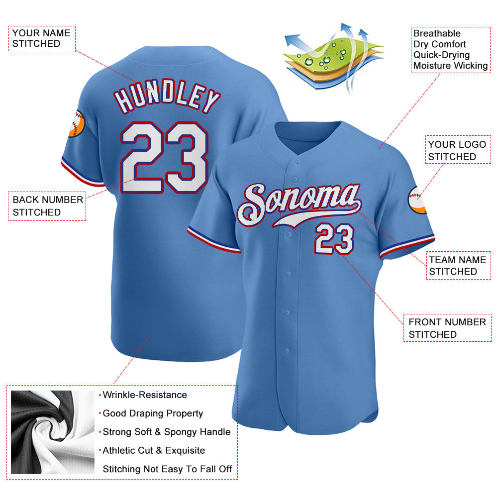 Custom Light Blue White-Red Authentic Baseball Jersey view 3