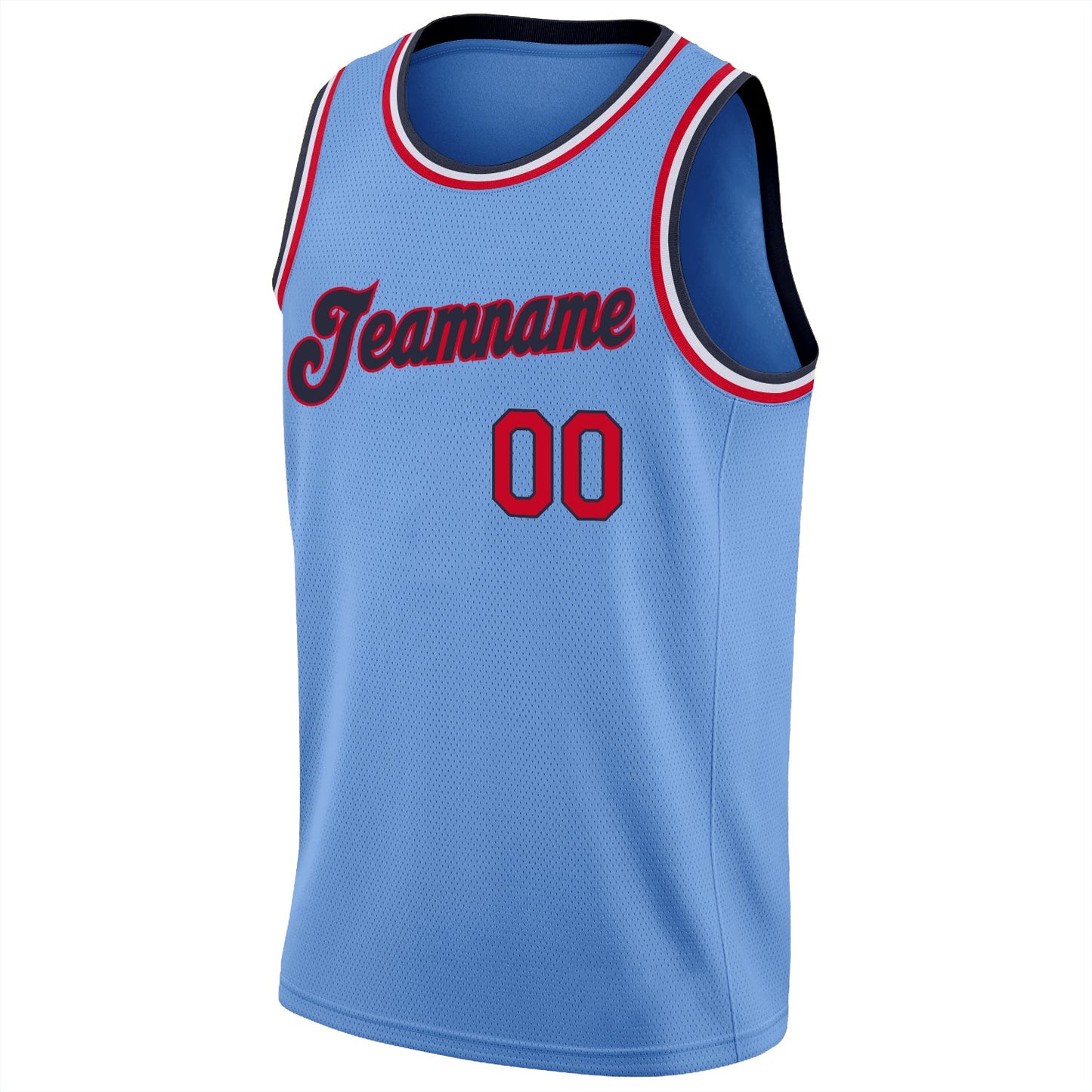 Custom Light Blue Red-Navy Round Neck Rib-Knit Basketball Jersey view 5