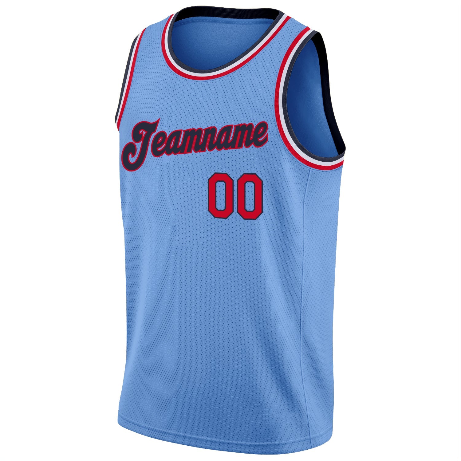 Custom Light Blue Red-Navy Round Neck Rib-Knit Basketball Jersey view 5