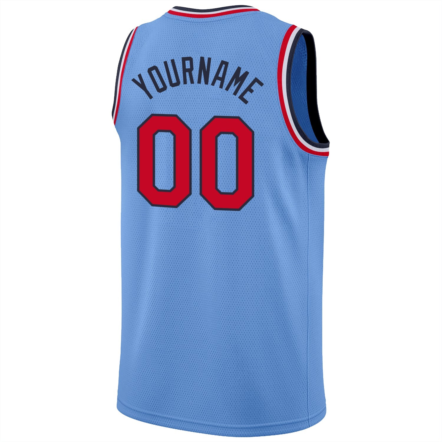 Custom Light Blue Red-Navy Round Neck Rib-Knit Basketball Jersey view 6