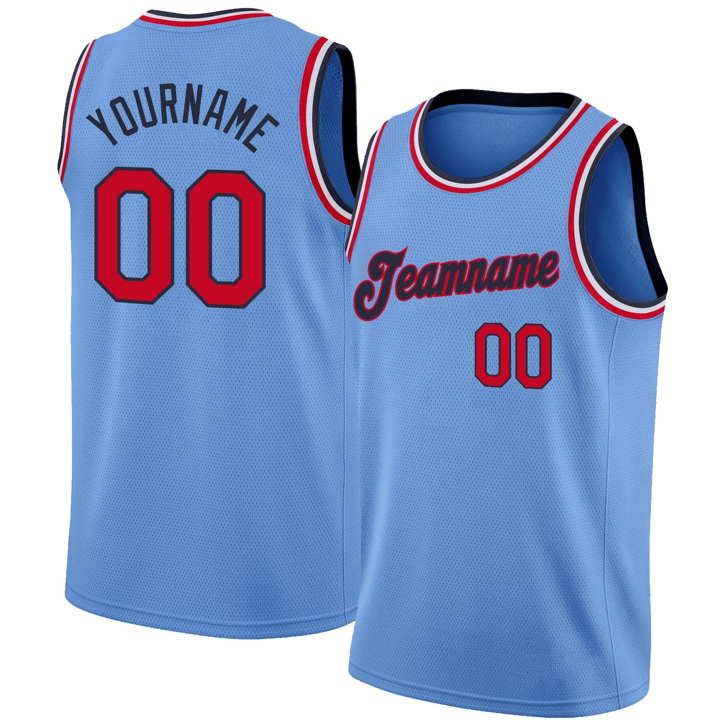 Custom Light Blue Red-Navy Round Neck Rib-Knit Basketball Jersey - Main View