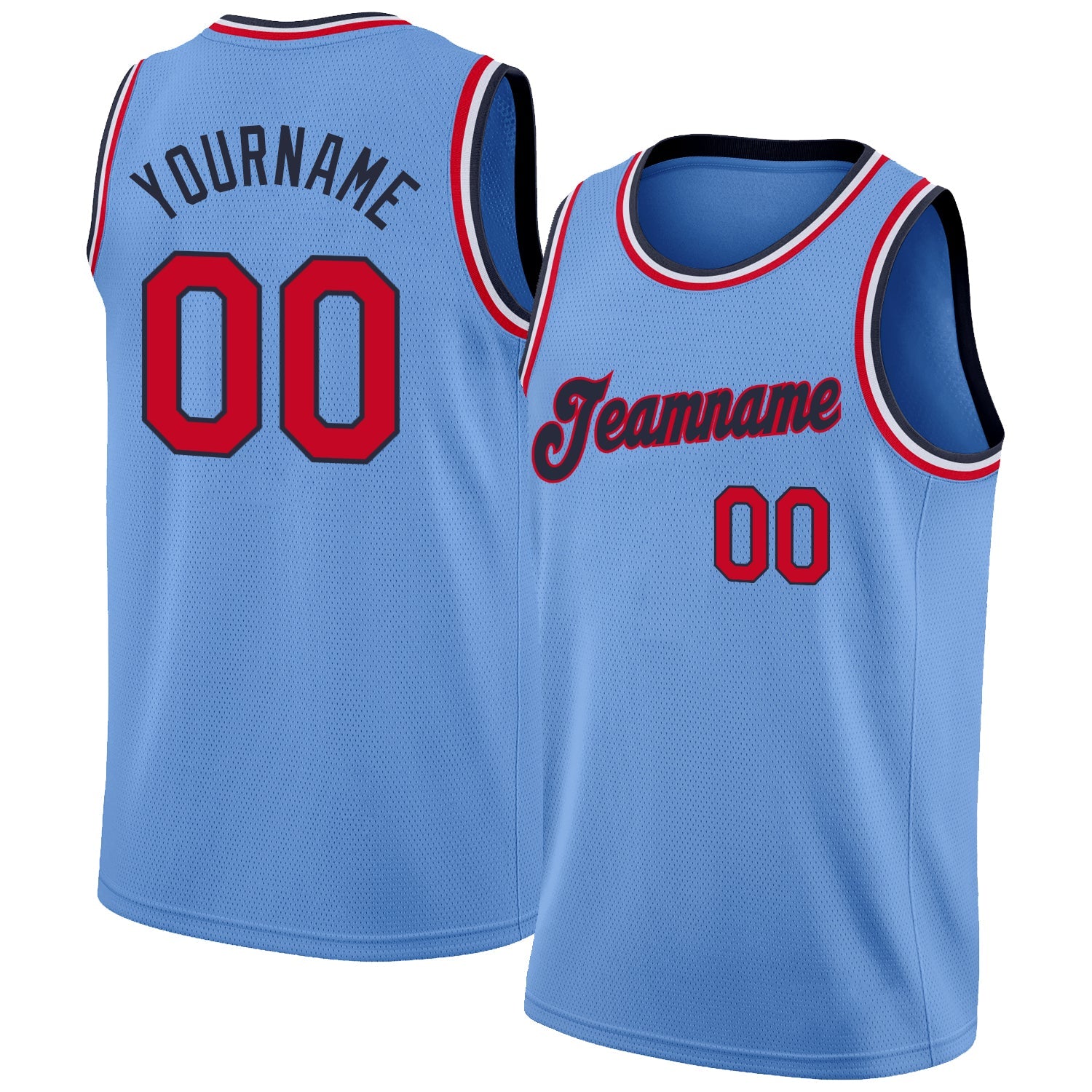 Custom Light Blue Red-Navy Round Neck Rib-Knit Basketball Jersey - Main View
