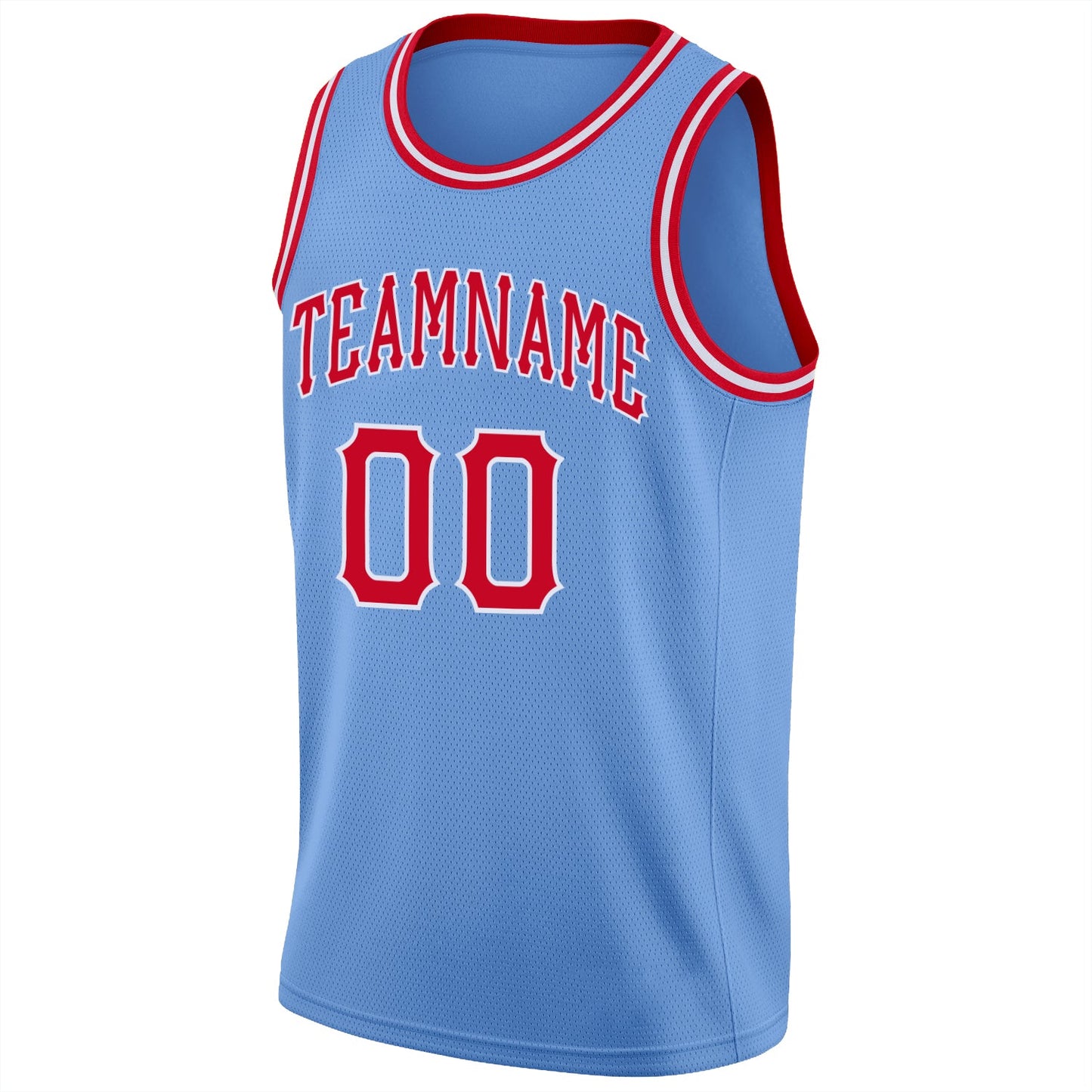 Custom Light Blue Red-White Round Neck Rib-Knit Basketball Jersey view 5