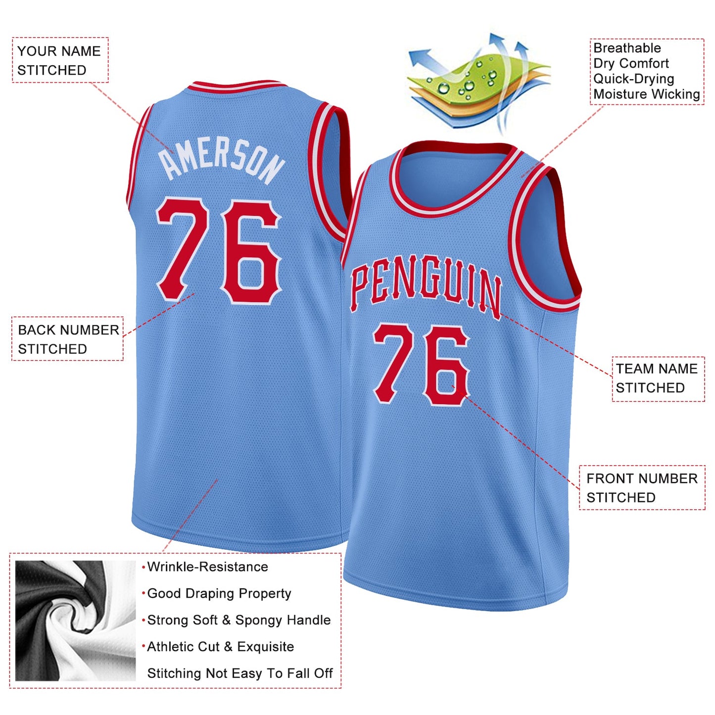 Custom Light Blue Red-White Round Neck Rib-Knit Basketball Jersey view 2