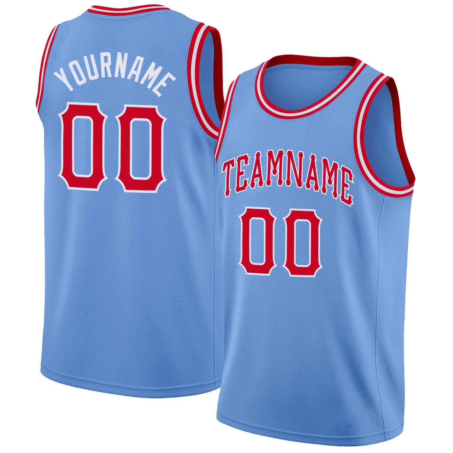 Custom Light Blue Red-White Round Neck Rib-Knit Basketball Jersey - Main View