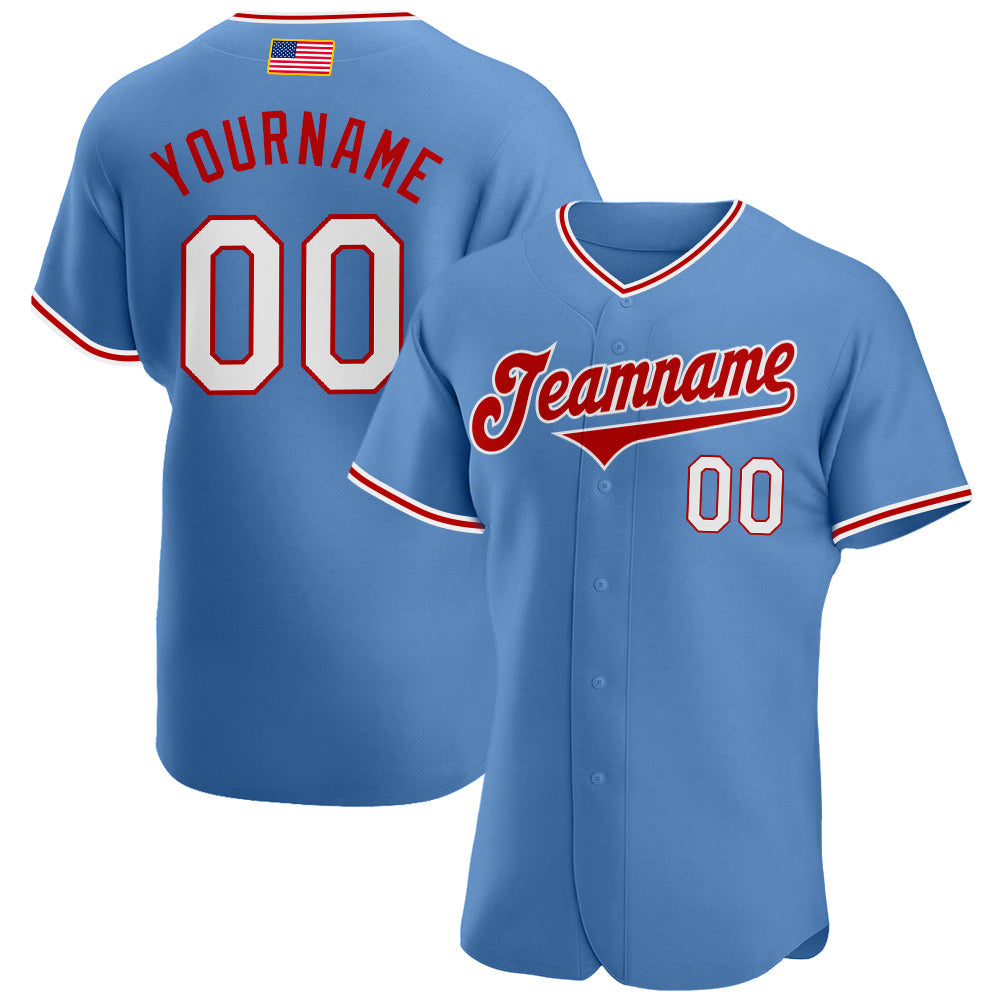 Custom Light Blue White-Red Authentic American Flag Fashion Baseball Jersey - Main View