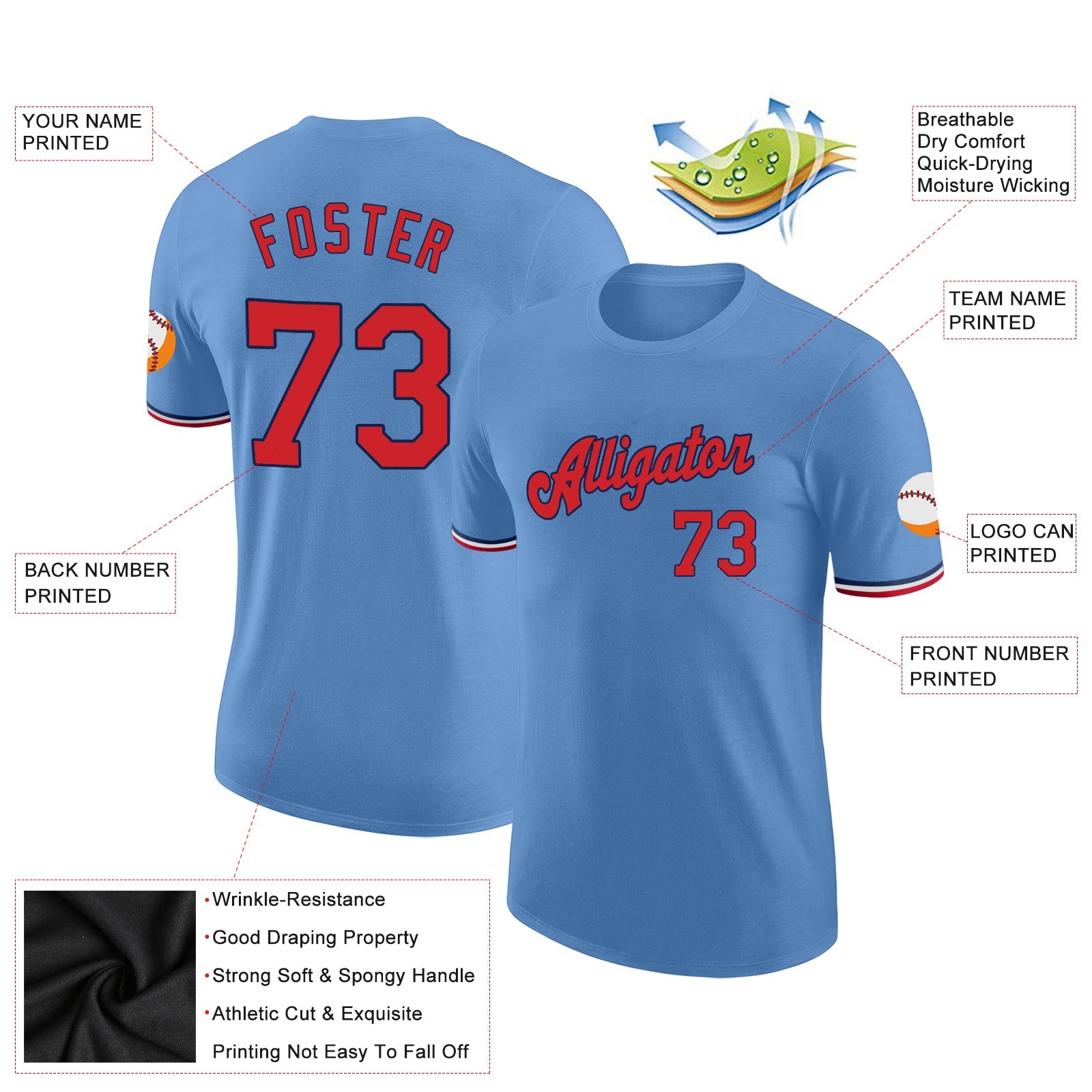 Custom Light Blue Red-Navy Performance T-Shirt view 2