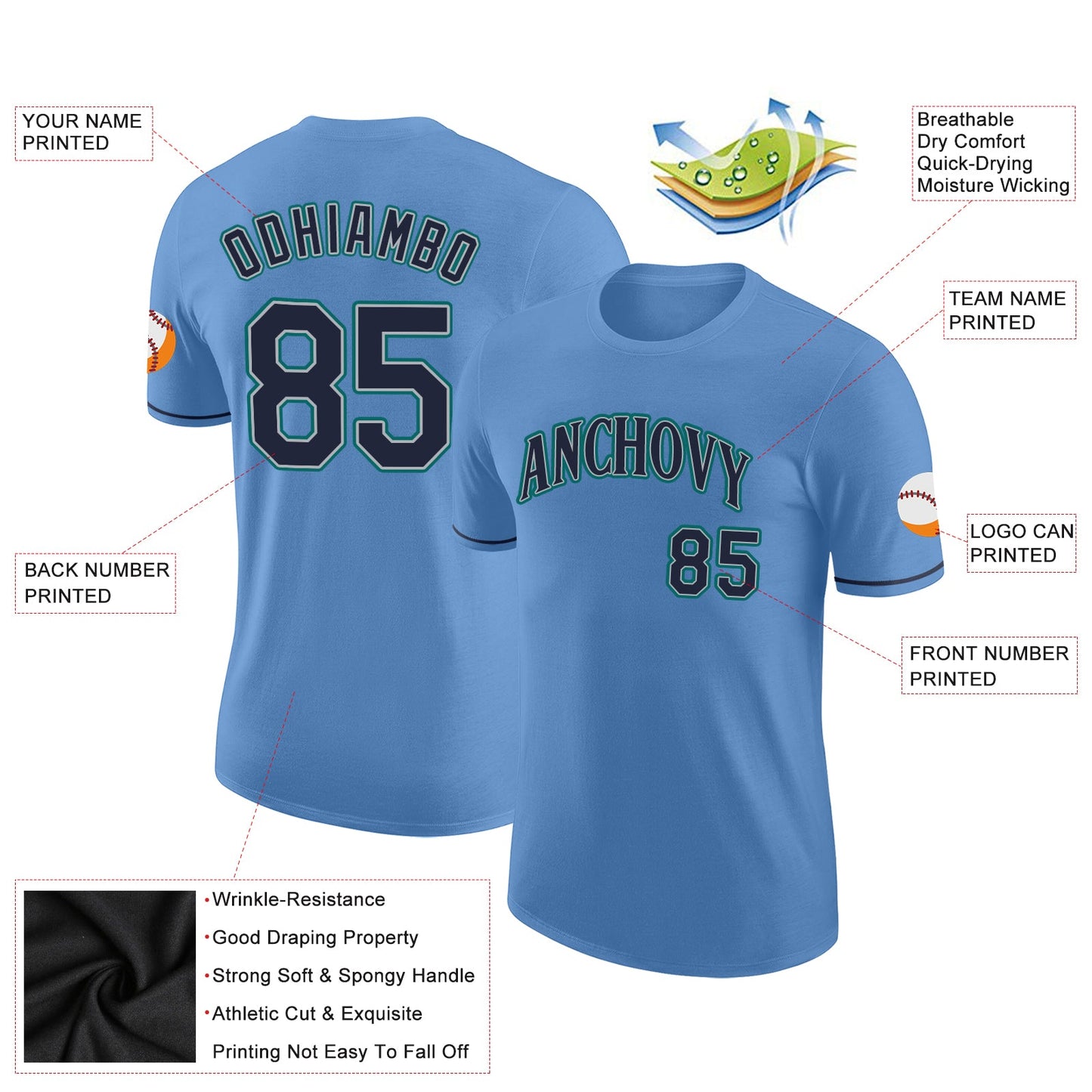 Custom Light Blue Navy-Aqua Performance T-Shirt view 2