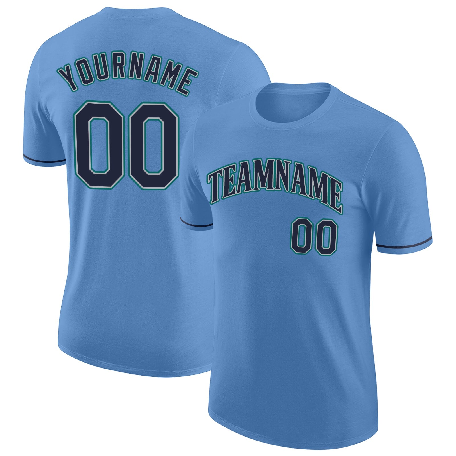 Custom Light Blue Navy-Aqua Performance T-Shirt - Main View
