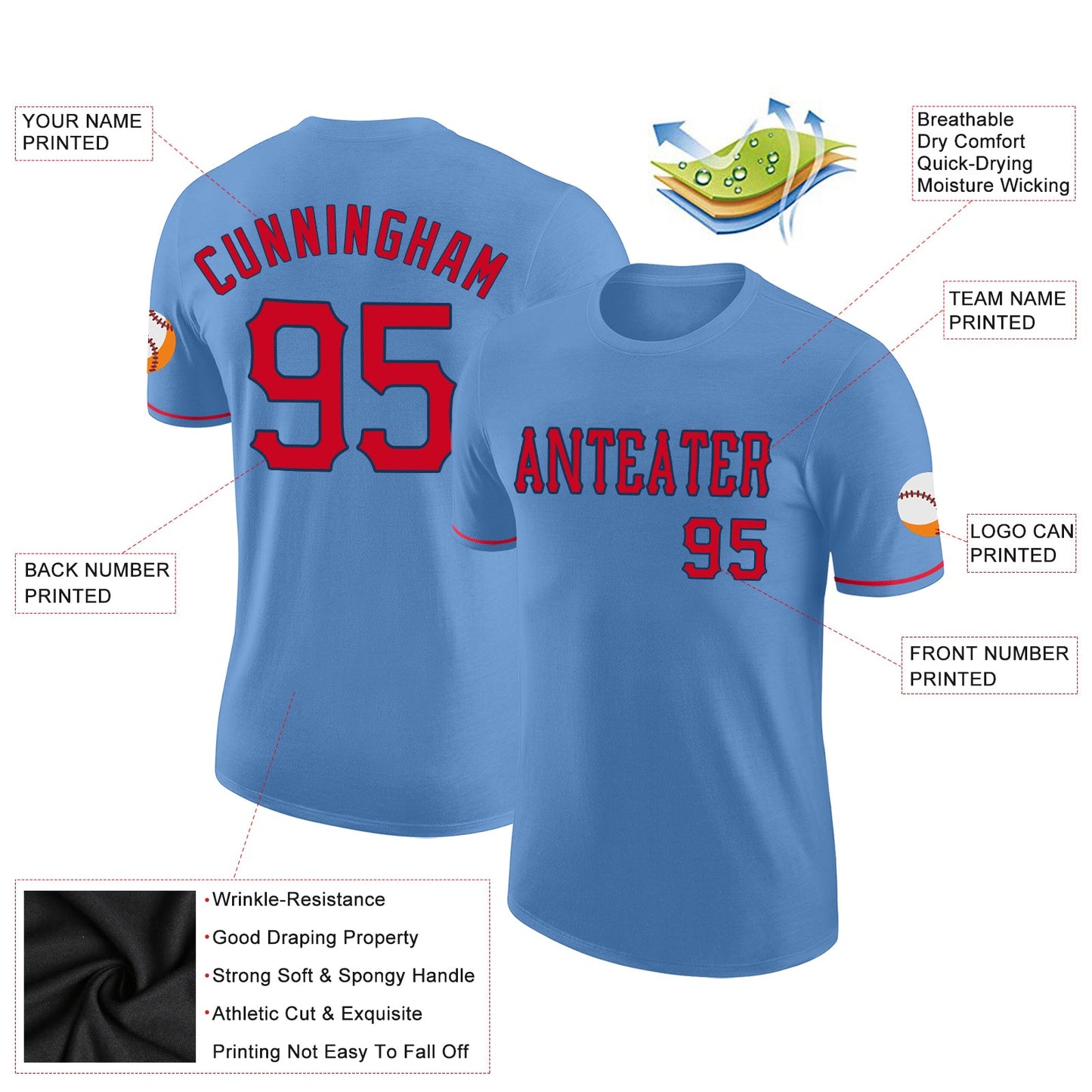 Custom Light Blue Red-Navy Performance T-Shirt view 2