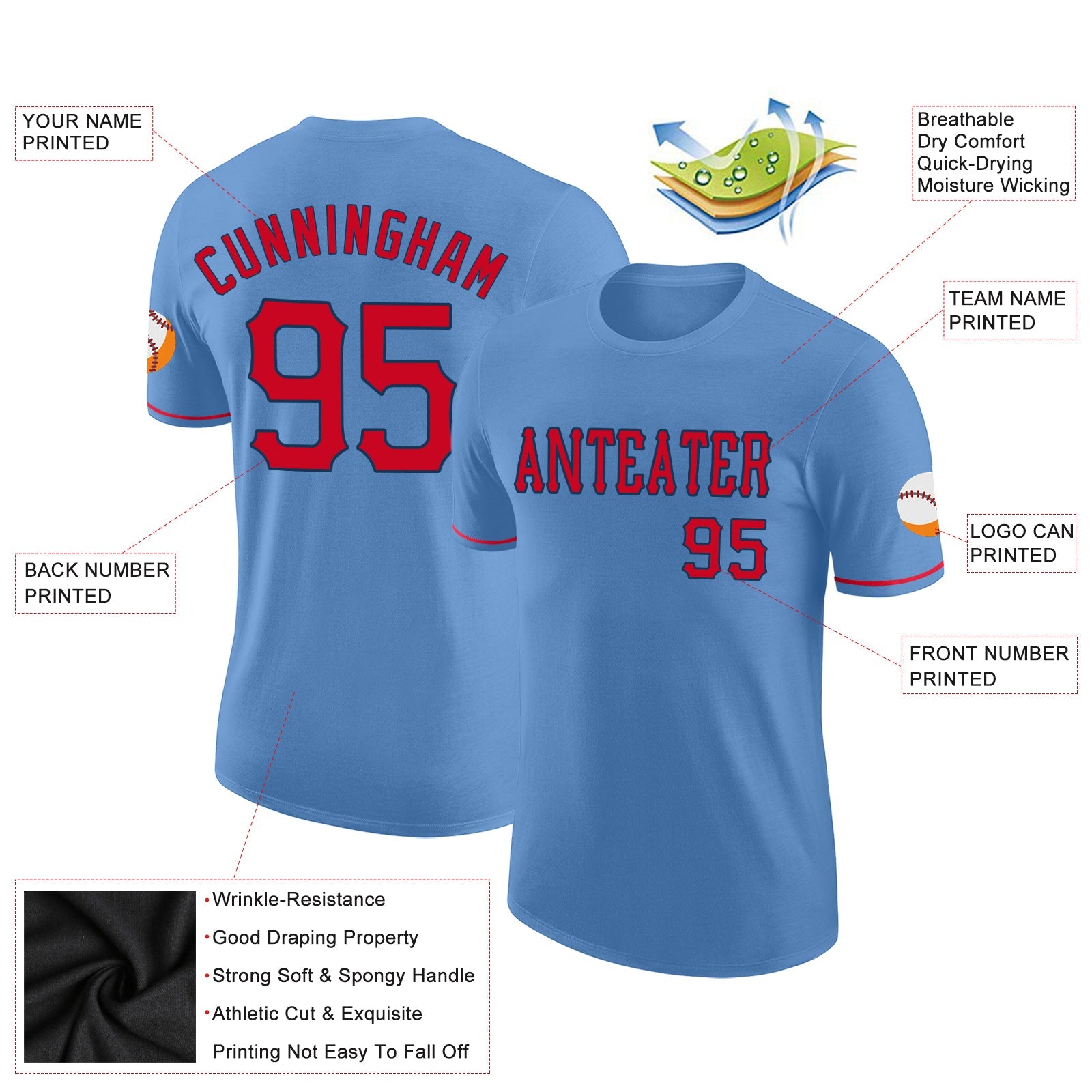 Custom Light Blue Red-Navy Performance T-Shirt view 2