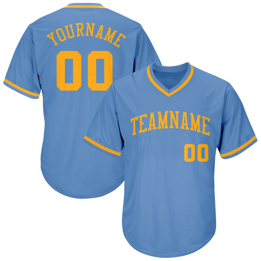 Custom Light Blue Gold Authentic Throwback Rib-Knit Baseball Jersey Shirt - Main View