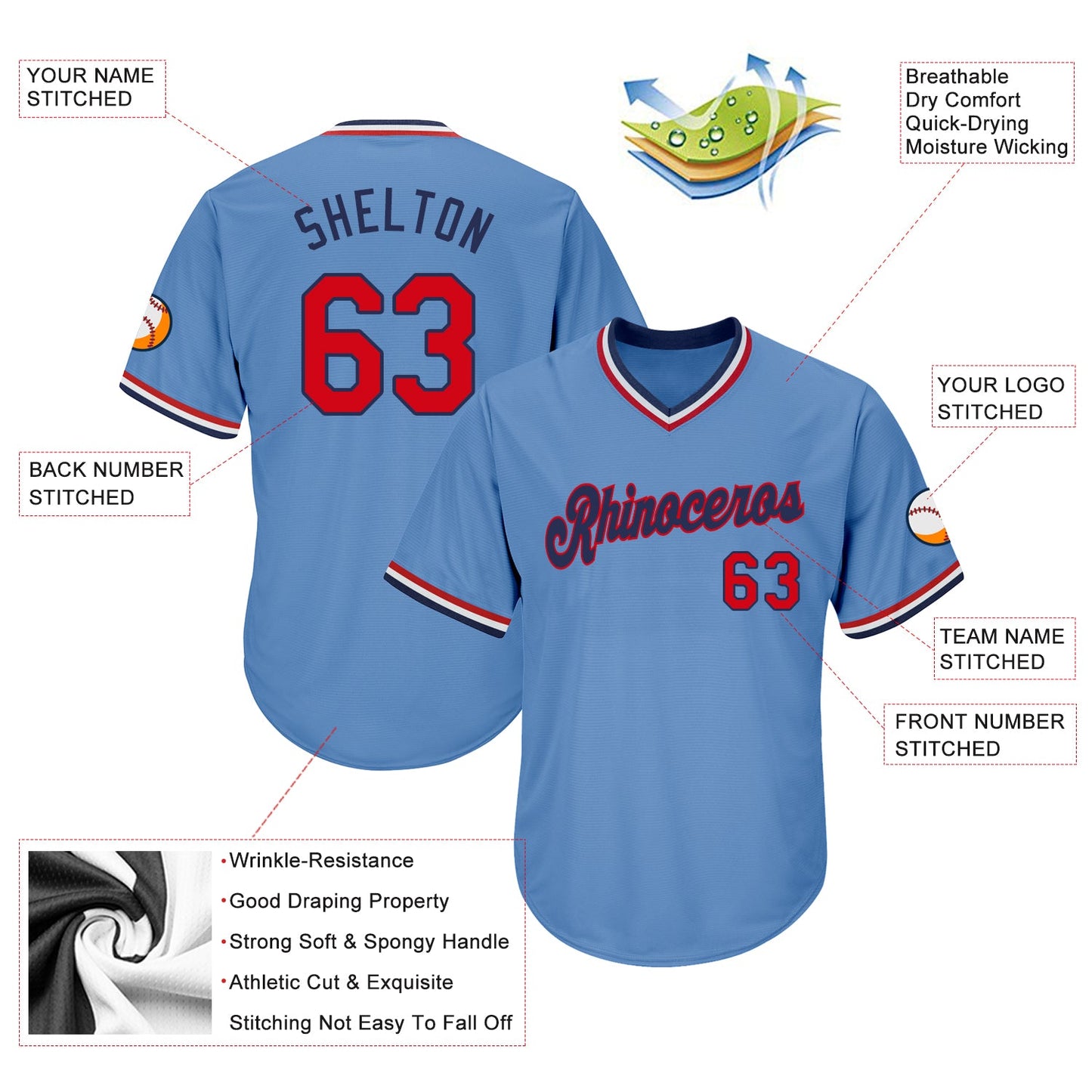Custom Light Blue Red-Navy Authentic Throwback Rib-Knit Baseball Jersey Shirt view 4