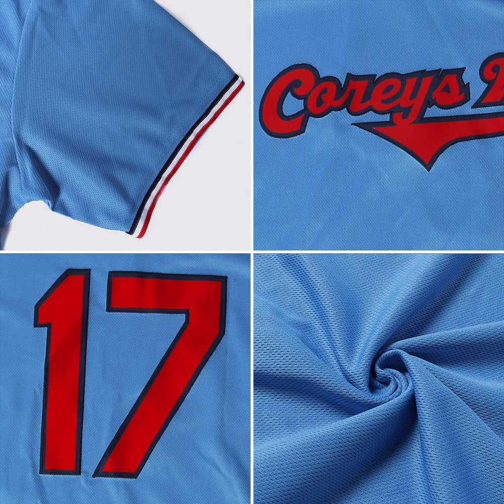Custom Light Blue Red-Navy Authentic Throwback Rib-Knit Baseball Jersey Shirt view 7