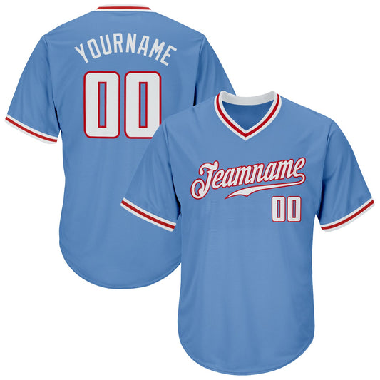Custom Light Blue White-Red Authentic Throwback Rib-Knit Baseball Jersey Shirt - Main View