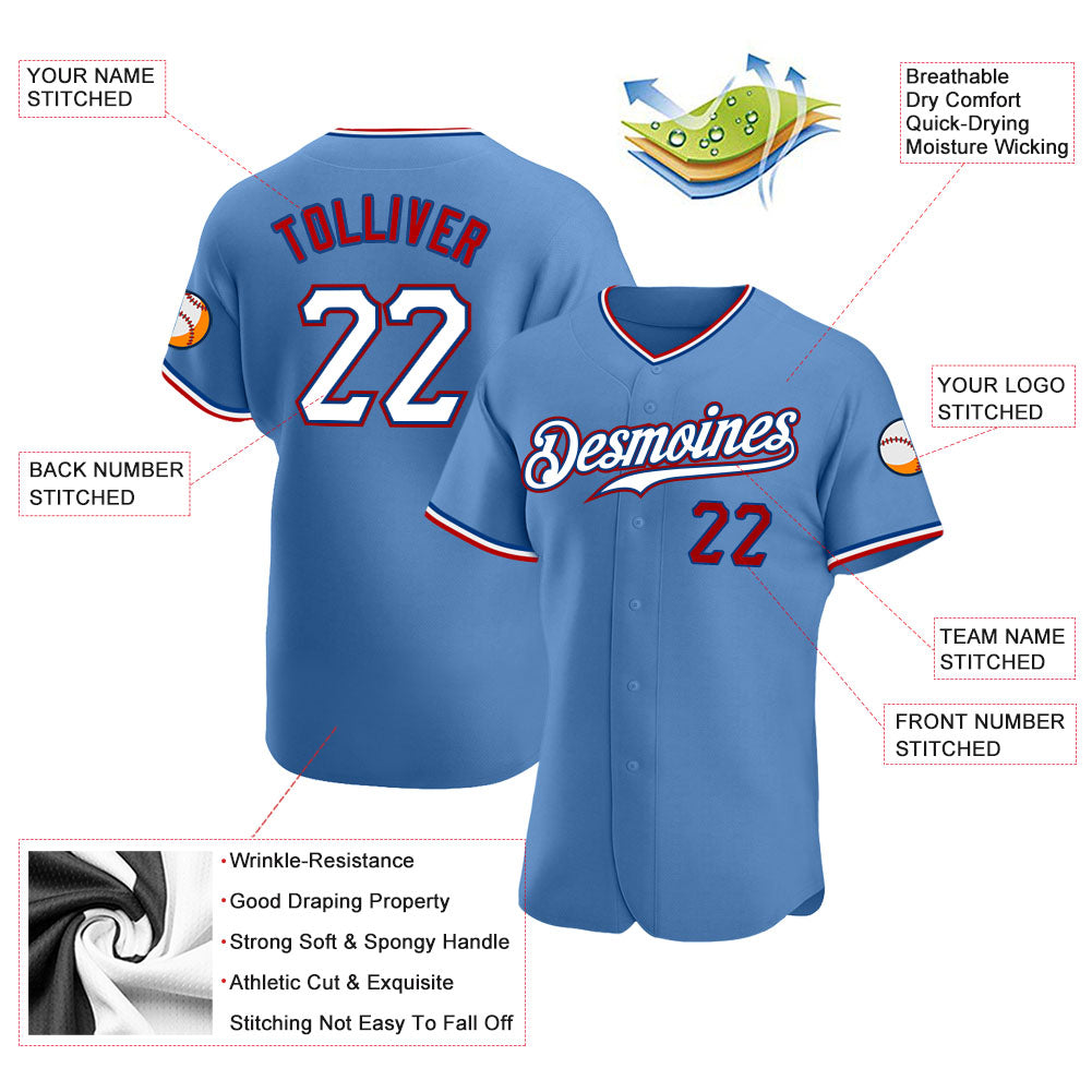 Custom Light Blue White-Red Authentic Baseball Jersey view 3