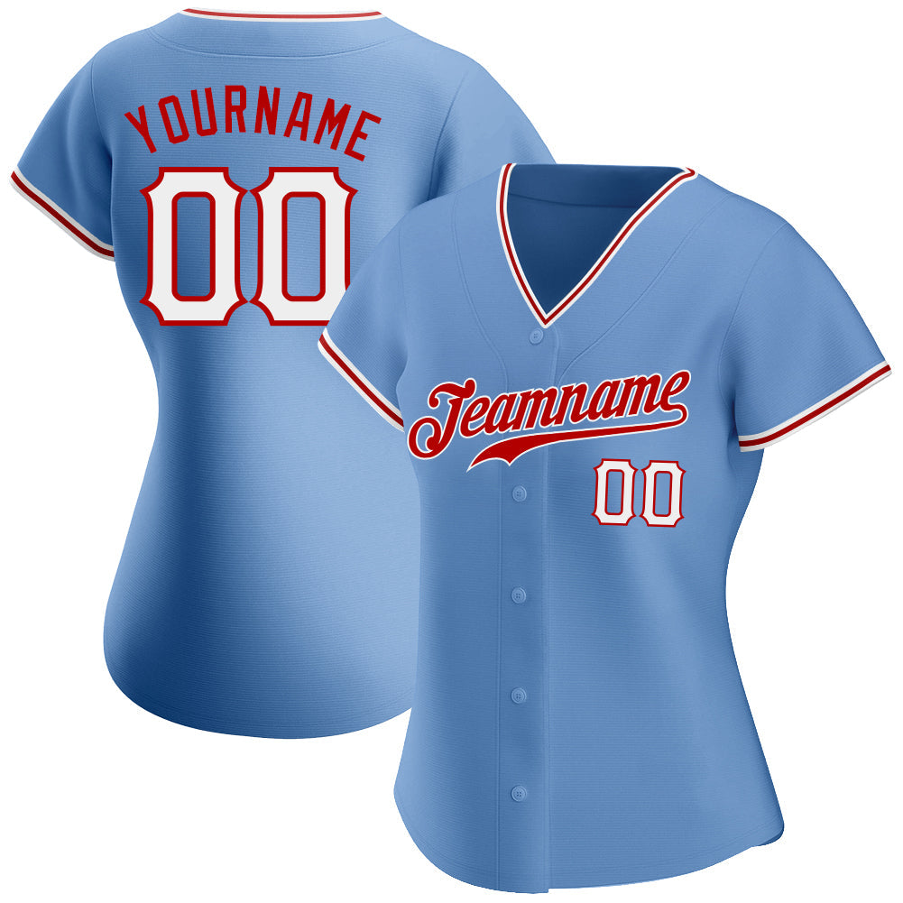 Custom Light Blue White-Red Authentic Baseball Jersey view 2