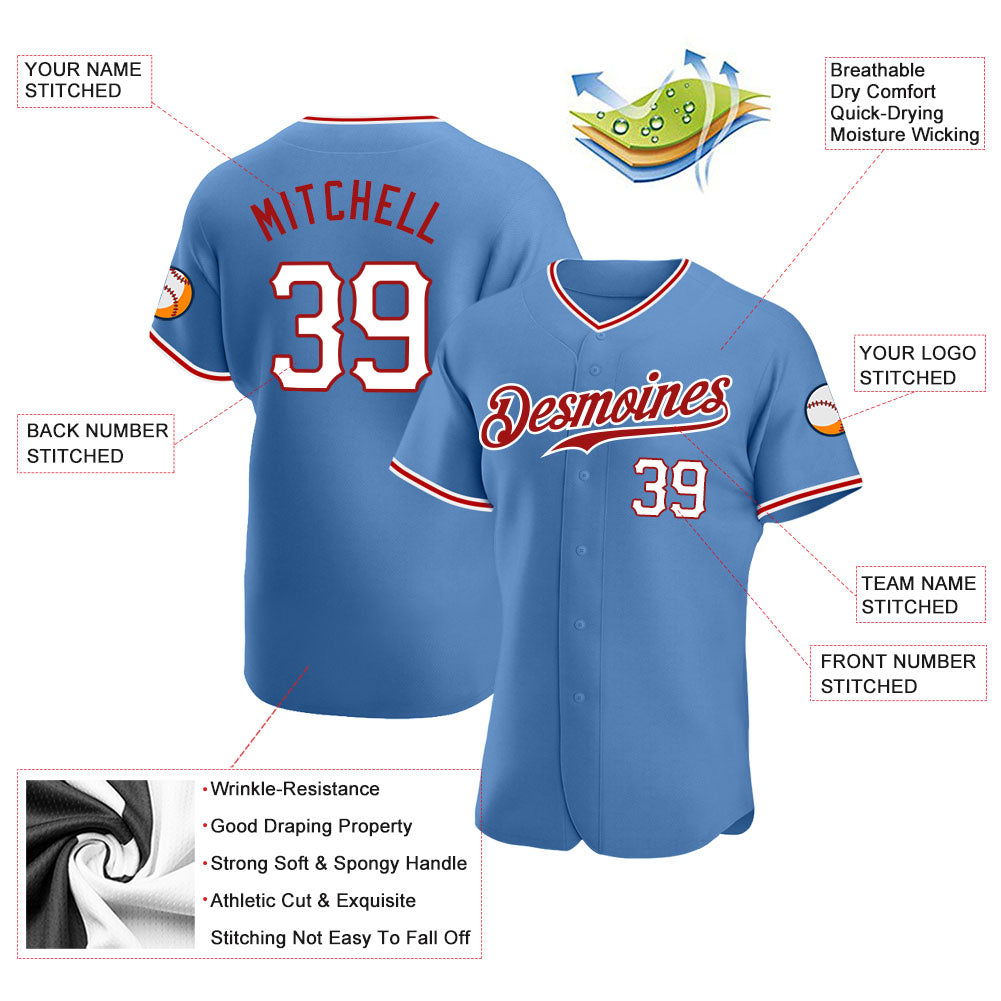 Custom Light Blue White-Red Authentic Baseball Jersey view 3