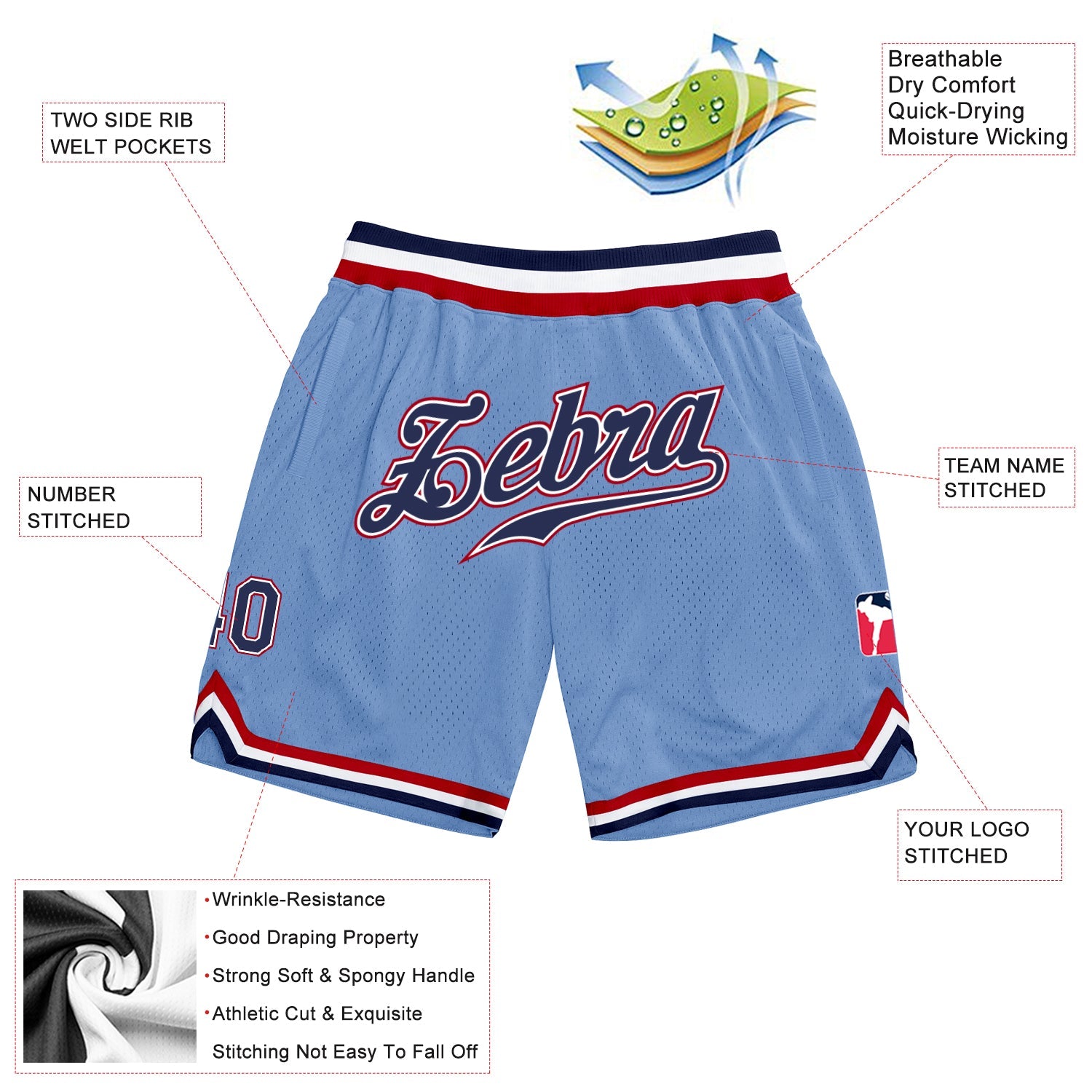 Custom Light Blue Navy-Red Authentic Throwback Basketball Shorts view 2