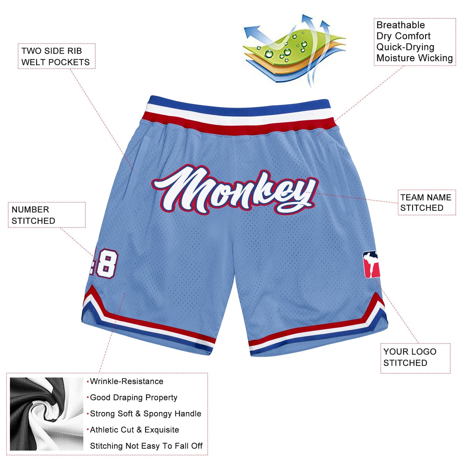 Custom Light Blue White-Royal Authentic Throwback Basketball Shorts view 2