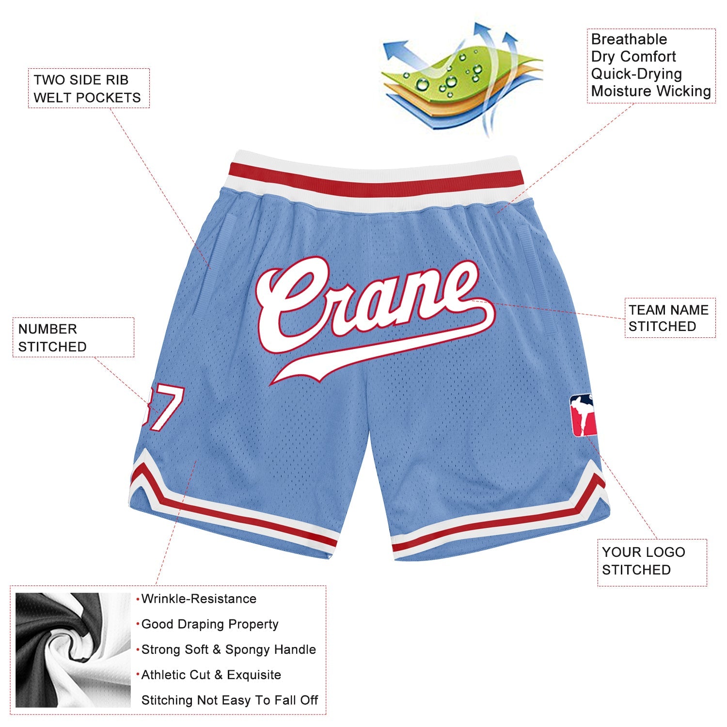 Custom Light Blue White-Red Authentic Throwback Basketball Shorts view 2
