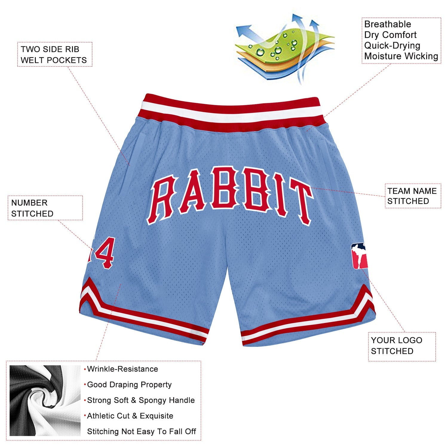 Custom Light Blue Red-White Authentic Throwback Basketball Shorts view 2