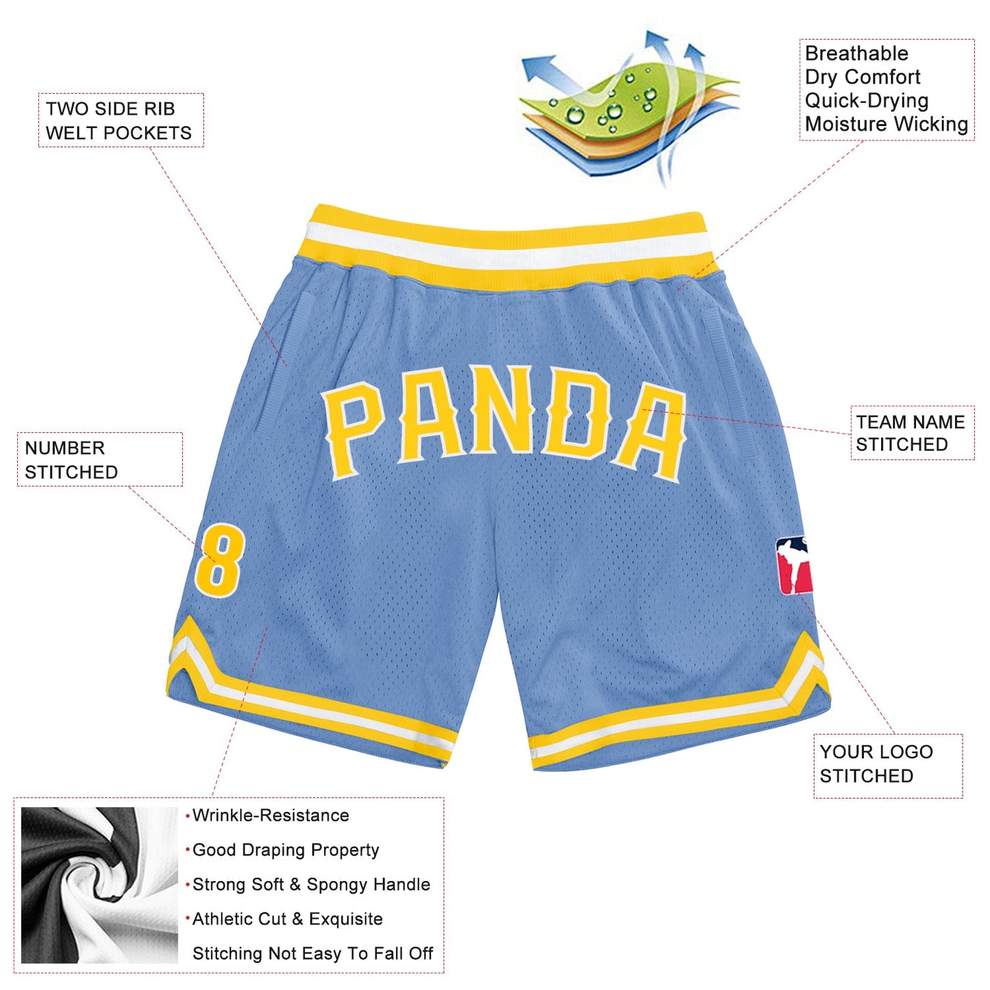 Custom Light Blue Gold-White Authentic Throwback Basketball Shorts view 2