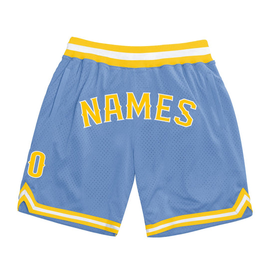 Custom Light Blue Gold-White Authentic Throwback Basketball Shorts - Main View