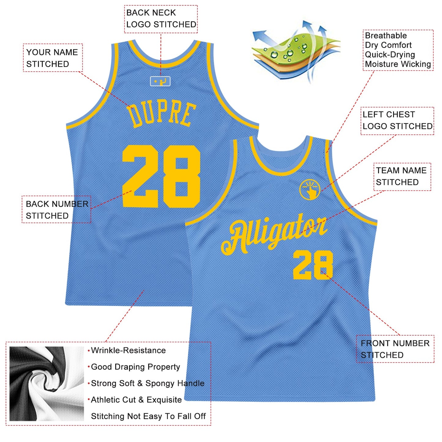 Custom Light Blue Gold Authentic Throwback Basketball Jersey view 2