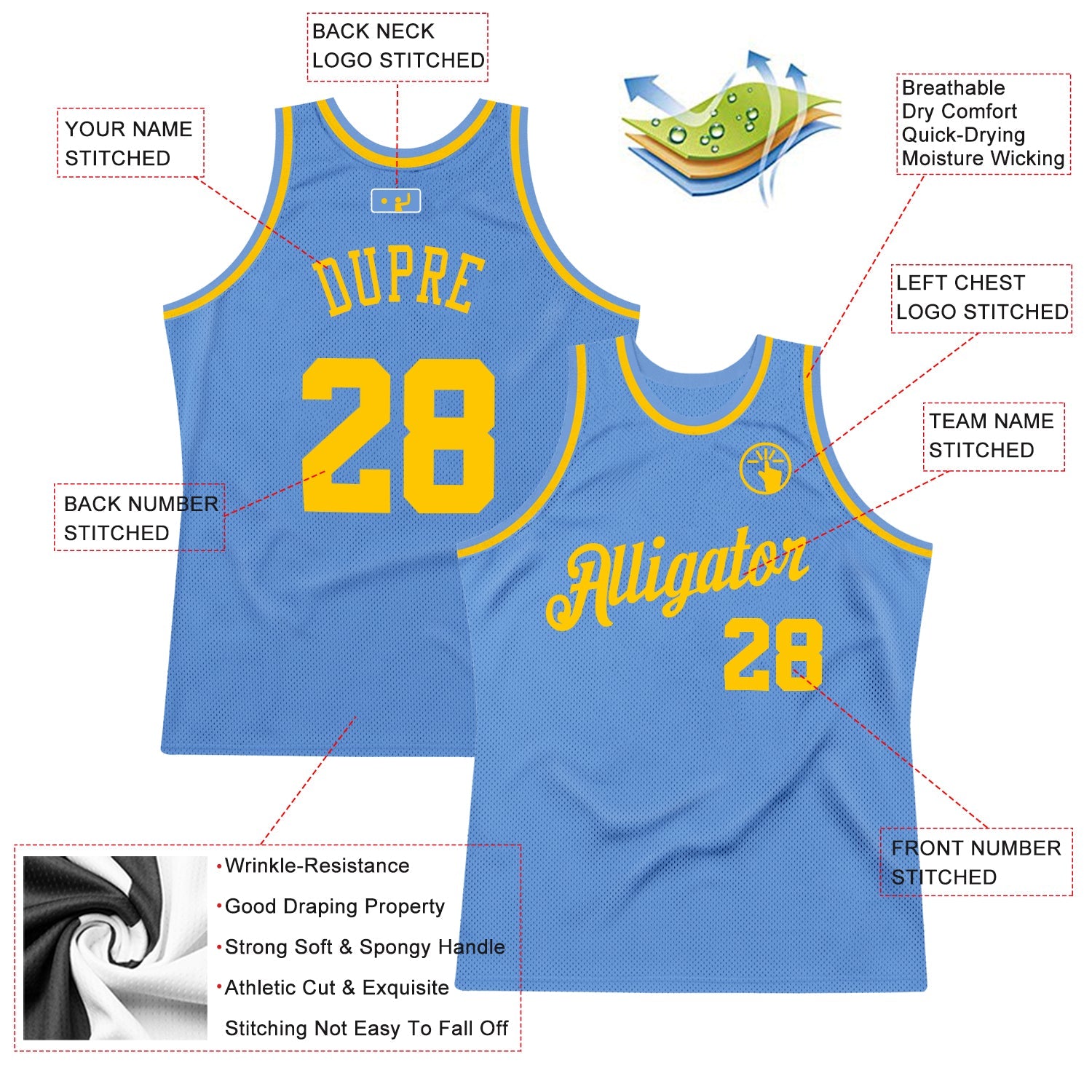 Custom Light Blue Gold Authentic Throwback Basketball Jersey view 2