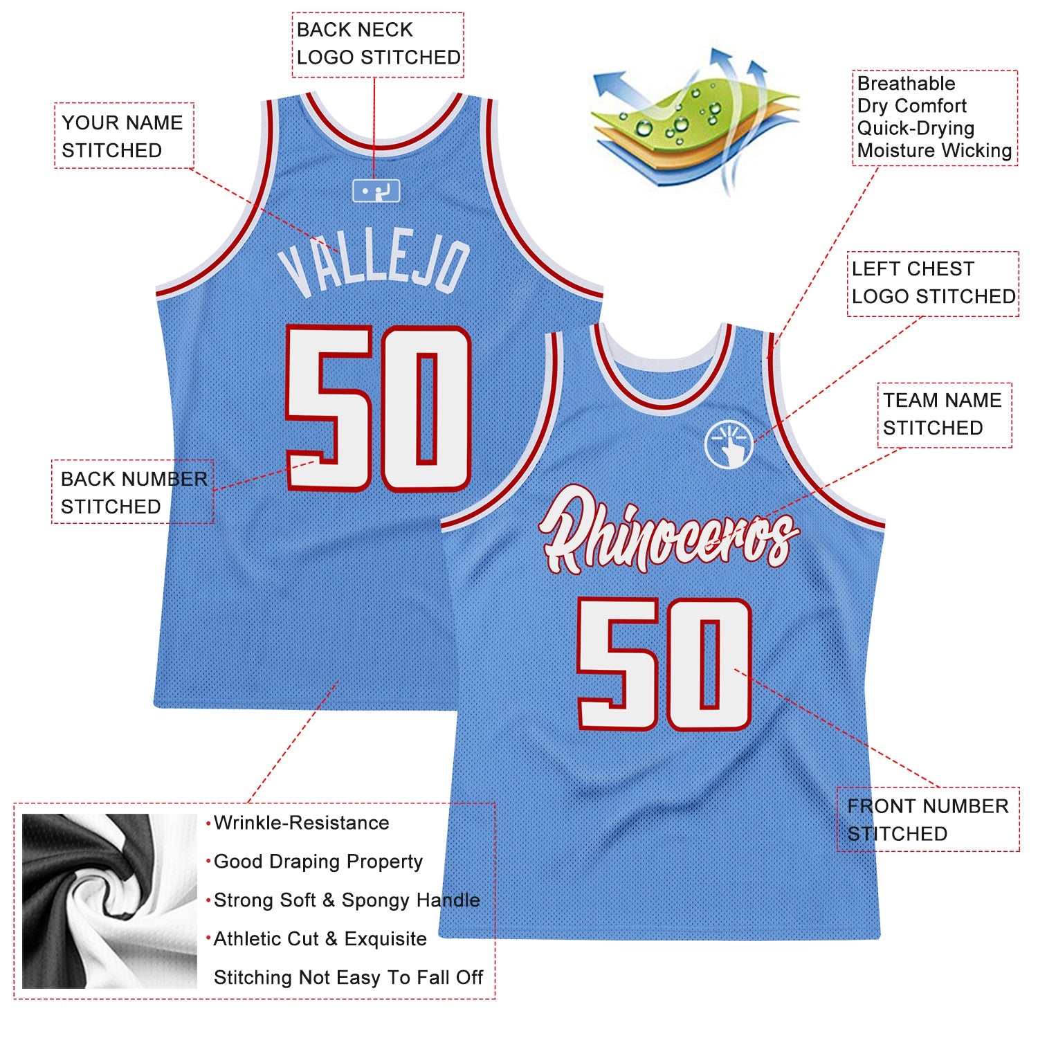 Custom Light Blue White-Red Authentic Throwback Basketball Jersey view 2