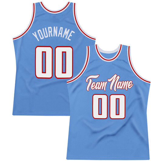 Custom Light Blue White-Red Authentic Throwback Basketball Jersey - Main View