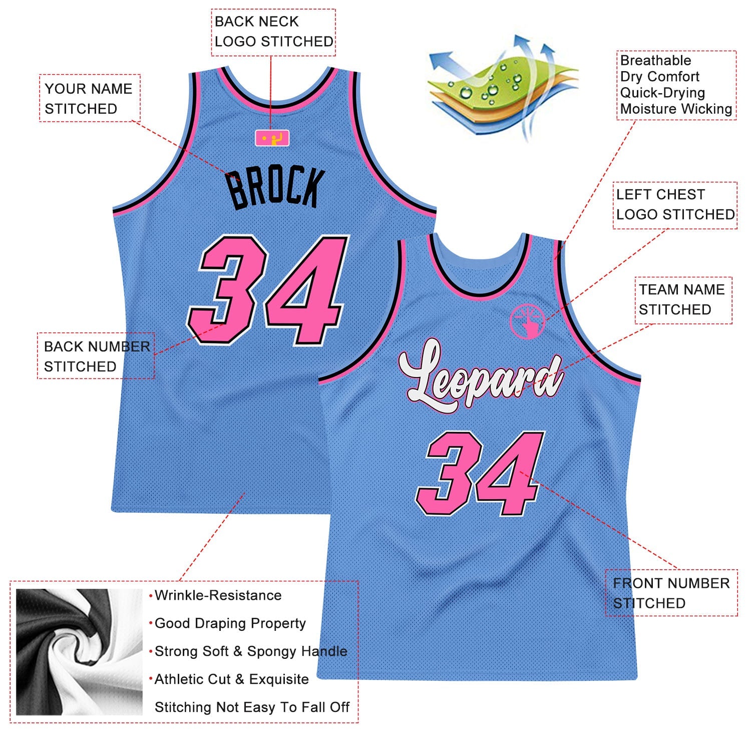 Custom Light Blue Pink-Black Authentic Throwback Basketball Jersey view 2