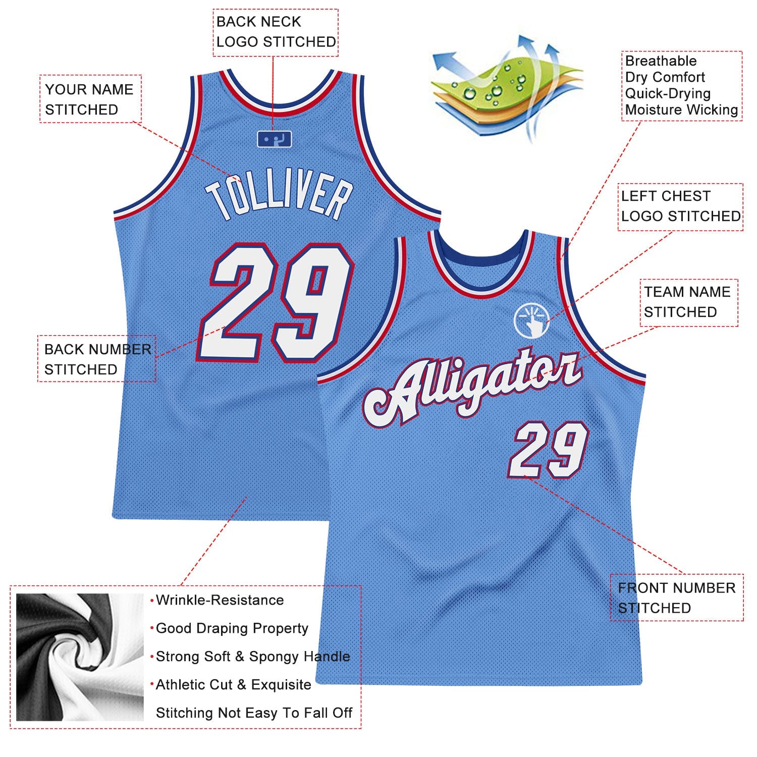 Custom Light Blue White-Royal Authentic Throwback Basketball Jersey view 2