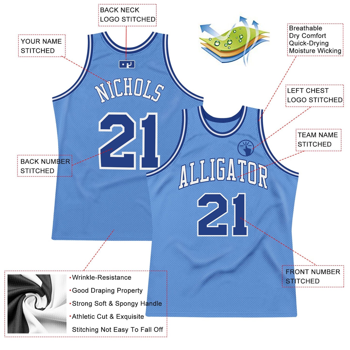 Custom Light Blue Royal-White Authentic Throwback Basketball Jersey view 2
