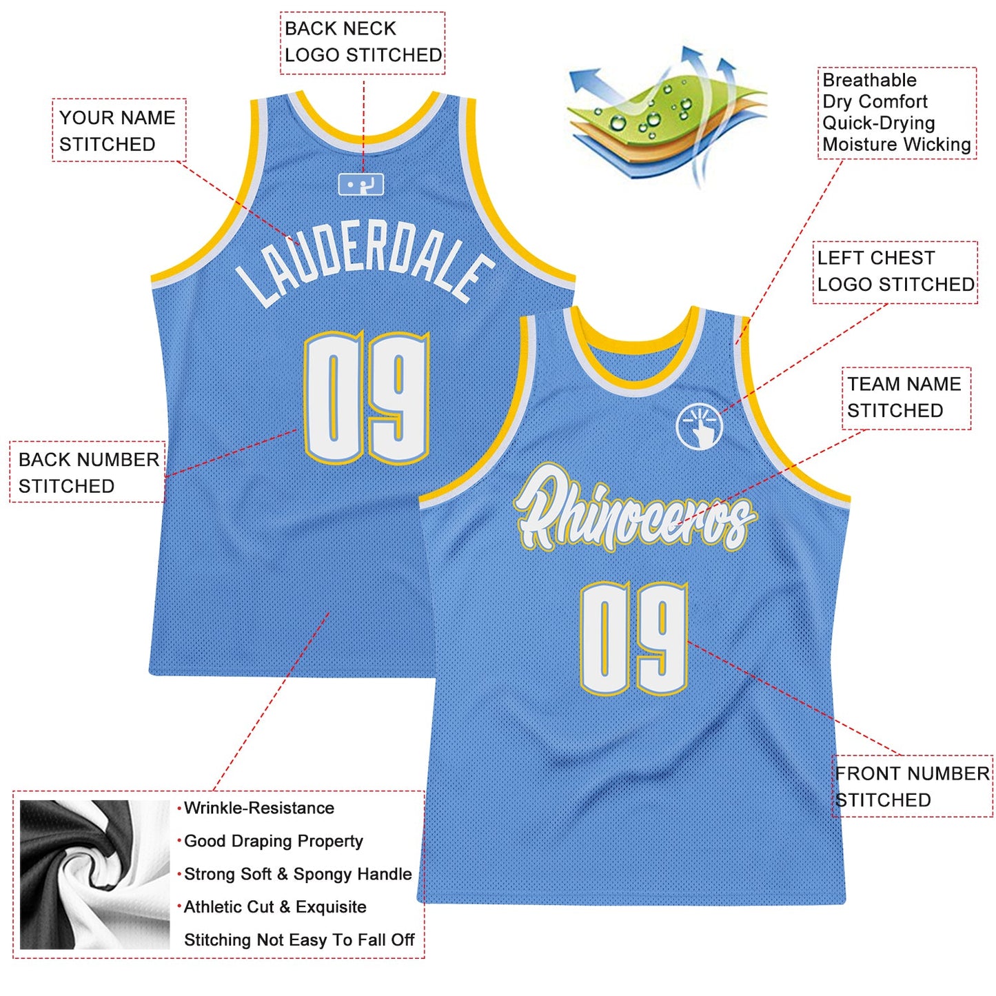 Custom Light Blue White-Gold Authentic Throwback Basketball Jersey view 2