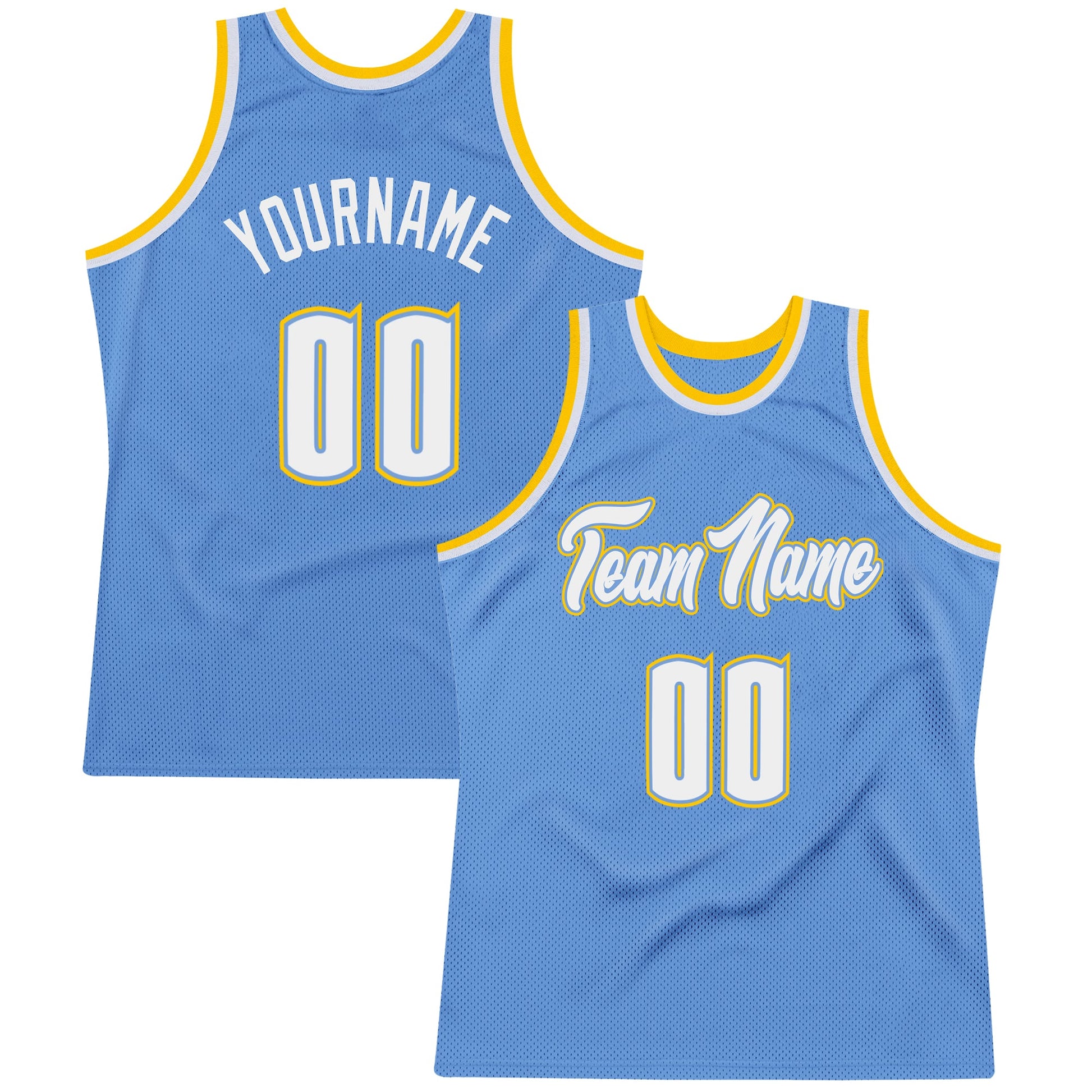 Custom Light Blue White-Gold Authentic Throwback Basketball Jersey - Main View
