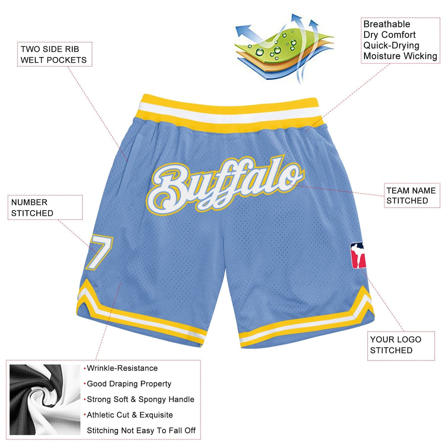 Custom Light Blue White-Gold Authentic Throwback Basketball Shorts view 2