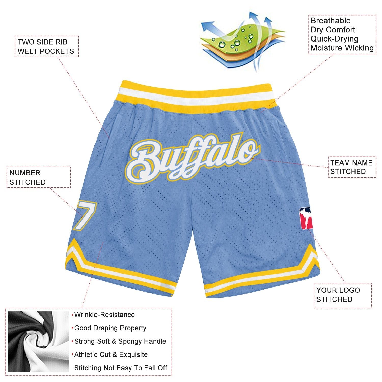 Custom Light Blue White-Gold Authentic Throwback Basketball Shorts view 2