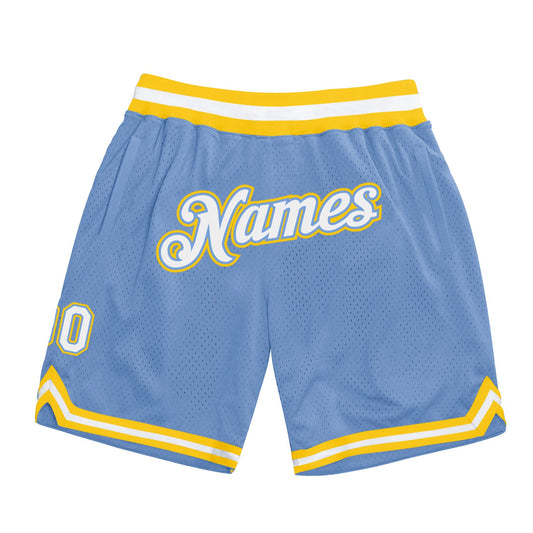 Custom Light Blue White-Gold Authentic Throwback Basketball Shorts - Main View