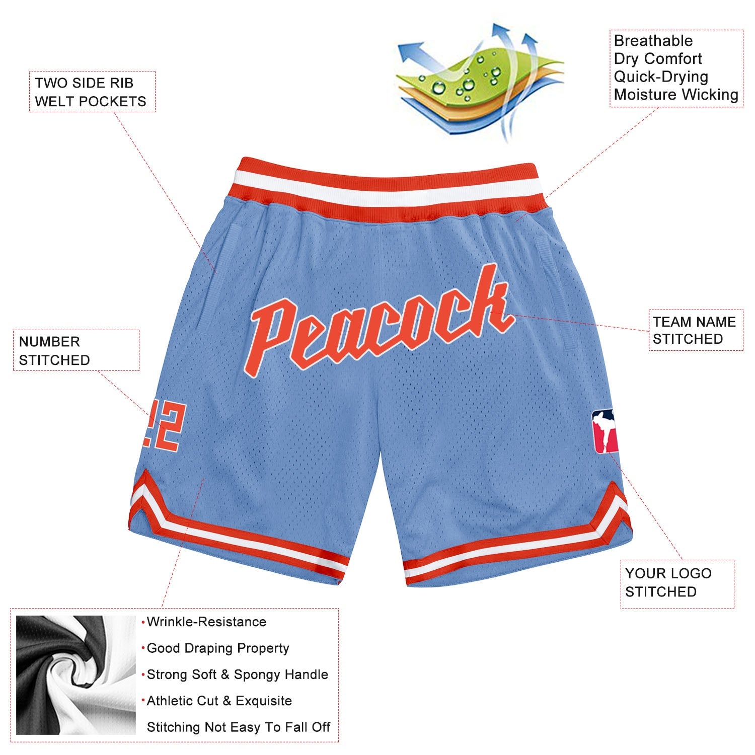 Custom Light Blue Orange-White Authentic Throwback Basketball Shorts view 2
