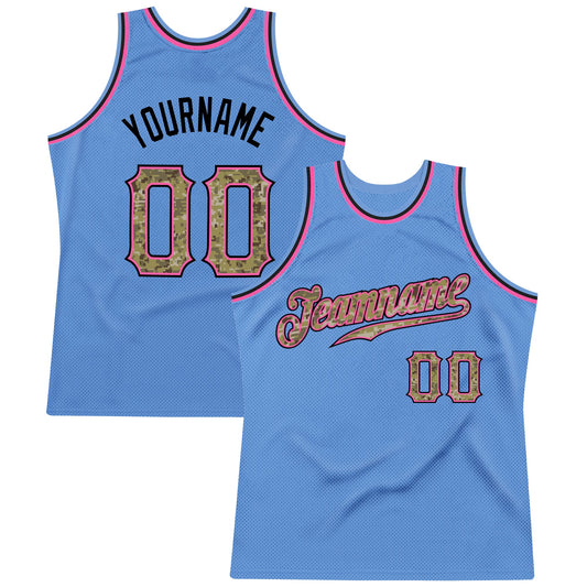 Custom Light Blue Camo-Pink Authentic Throwback Basketball Jersey - Main View