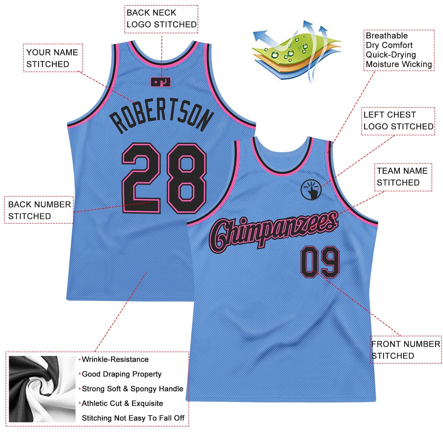 Custom Light Blue Black-Pink Authentic Throwback Basketball Jersey view 2