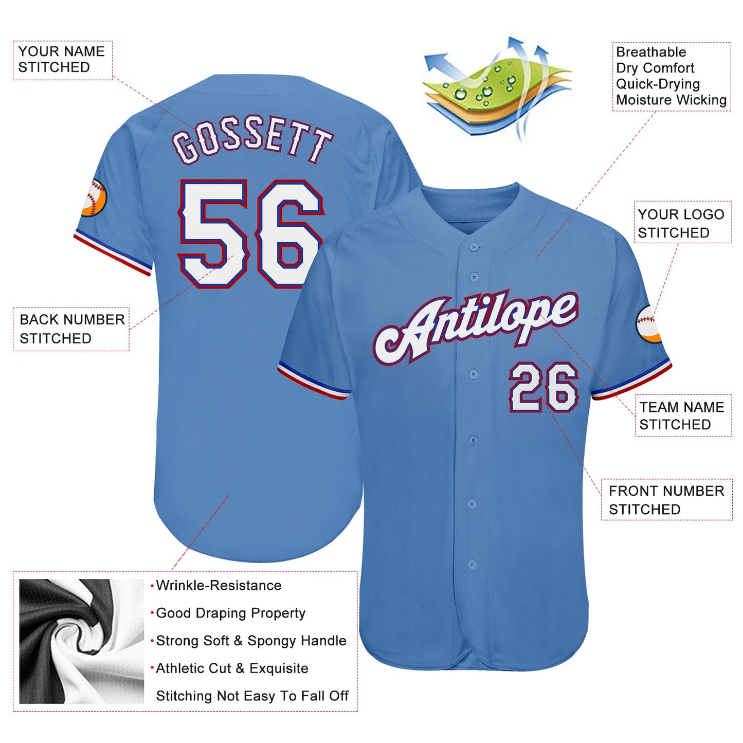 Custom Light Blue White-Red Authentic Baseball Jersey view 3