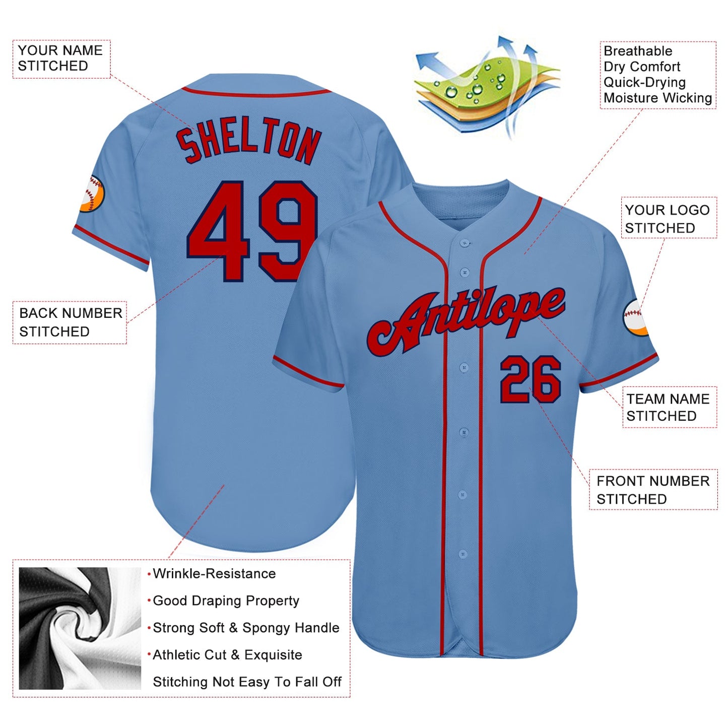 Custom Light Blue Red-Navy Authentic Baseball Jersey view 3