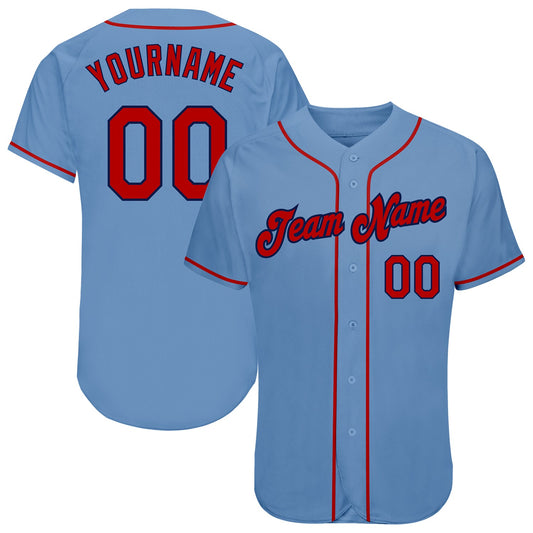 Custom Light Blue Red-Navy Authentic Baseball Jersey - Main View