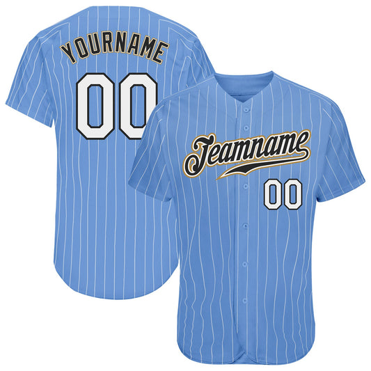 Custom Light Blue White Pinstripe White-Old Gold Authentic Baseball Jersey - Main View